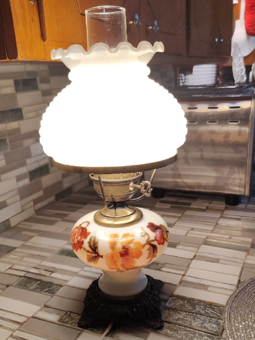 Vintage-Style White Hobnail Glass Table Lamp with Floral Base